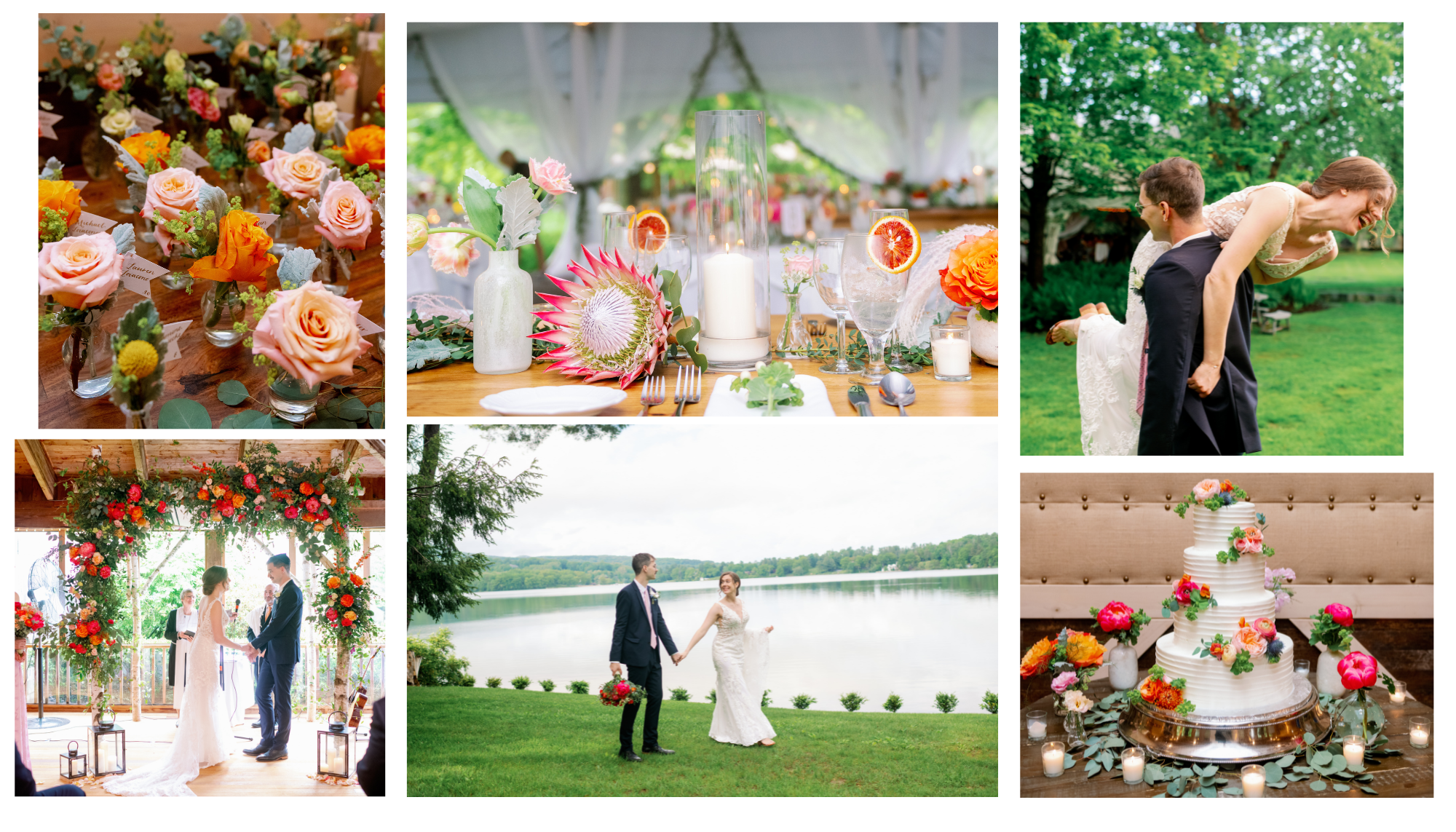 collage of happy people at a wedding, wedding flowers, and wedding food